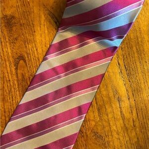 Burberry London Silk Tie Pink & Silver Diagonal Stripe w/ Knight Logo